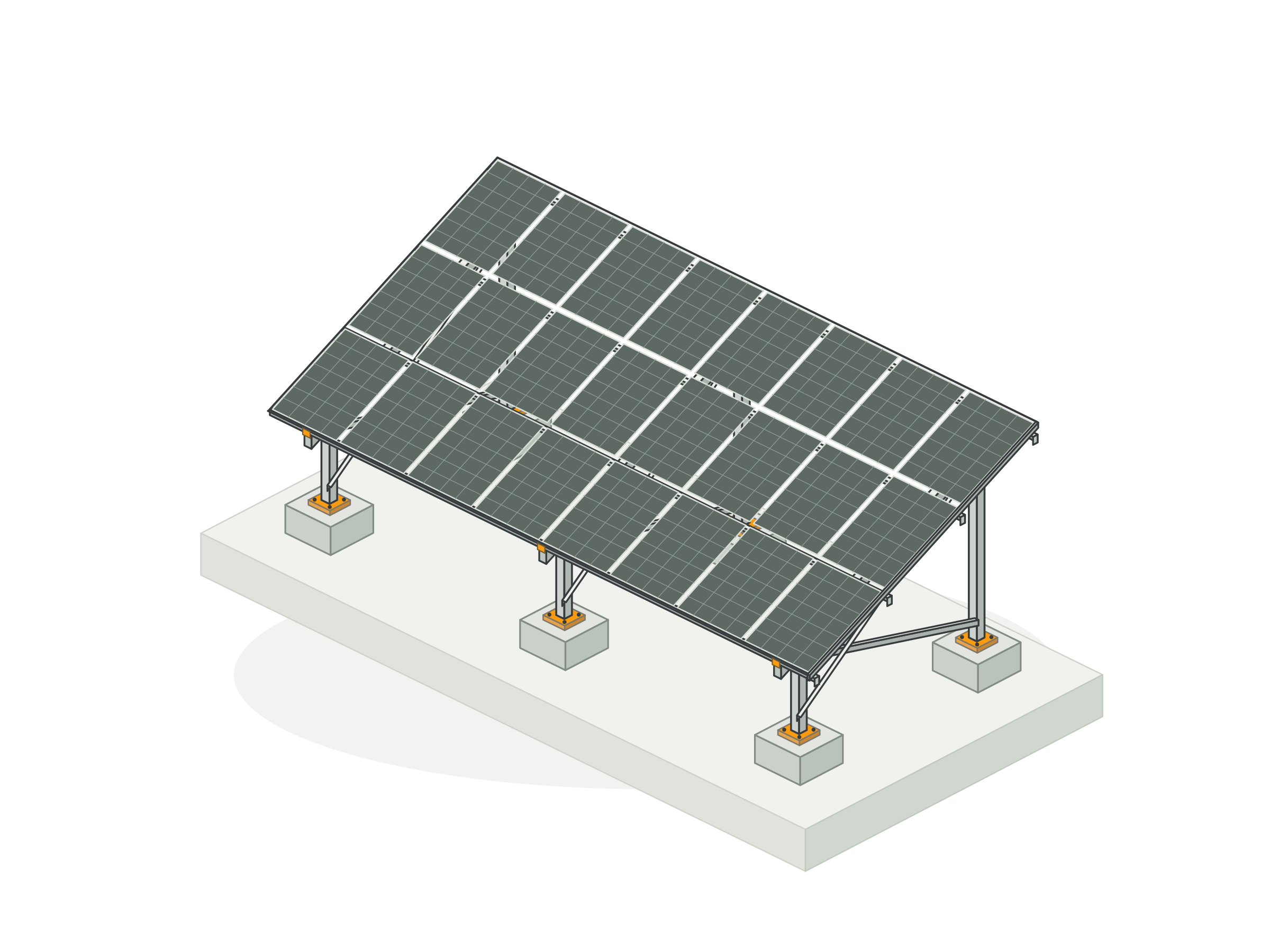 Isometric illustration of a tilted ground-mounted solar array with a braced support frame and concrete foundations