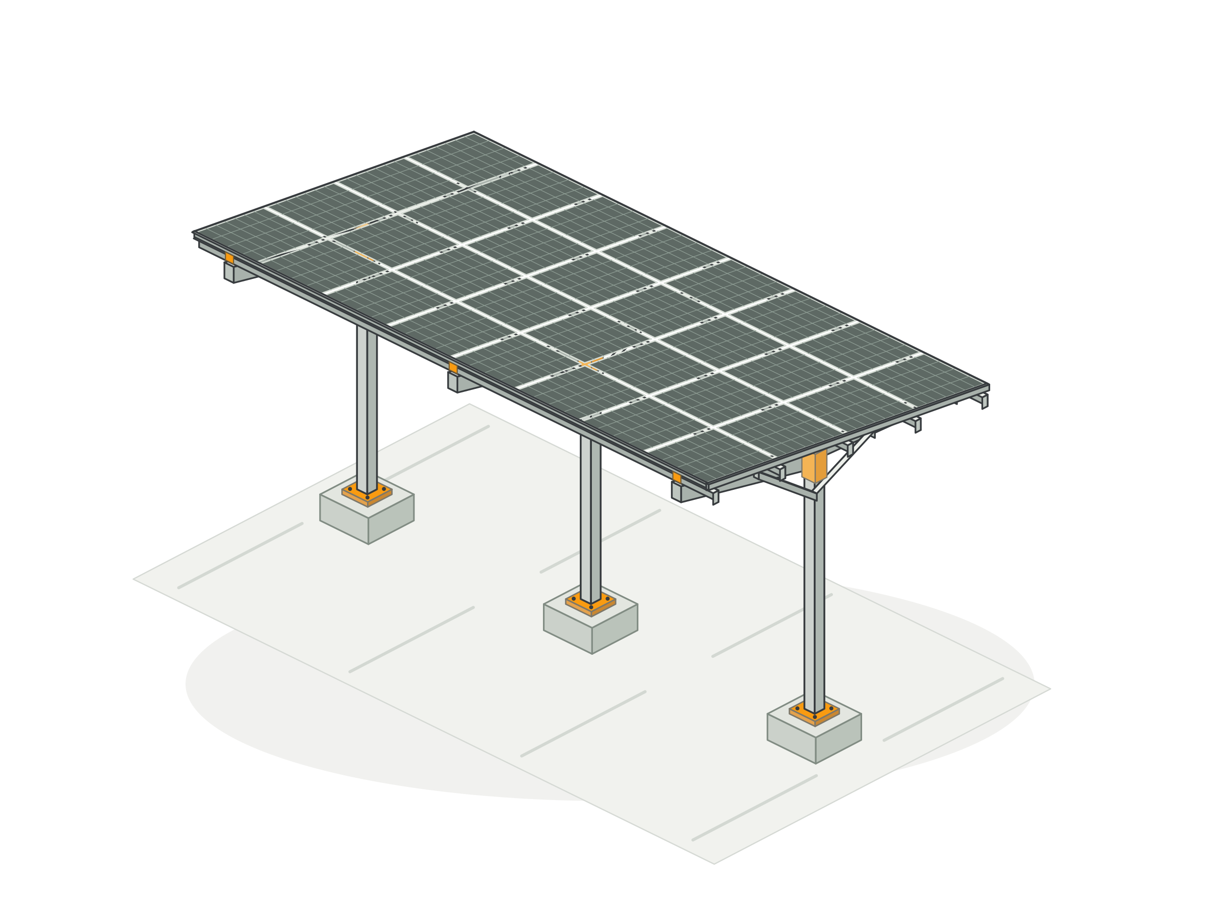 Isometric illustration of a solar carport showing the panel array, cantilever frame, columns and concrete footings